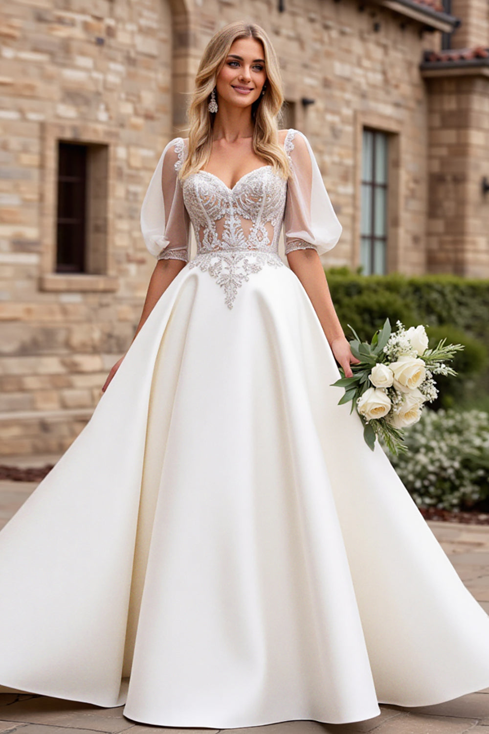 Ivory Satin A Line Sweetheart Half Sleeves Floor Length Wedding Dress