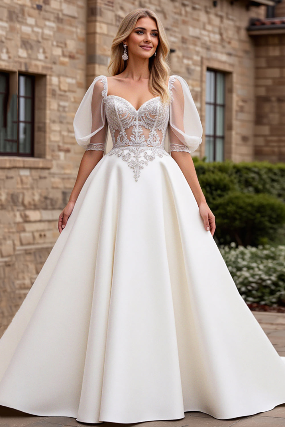 Ivory Satin A Line Sweetheart Half Sleeves Floor Length Wedding Dress