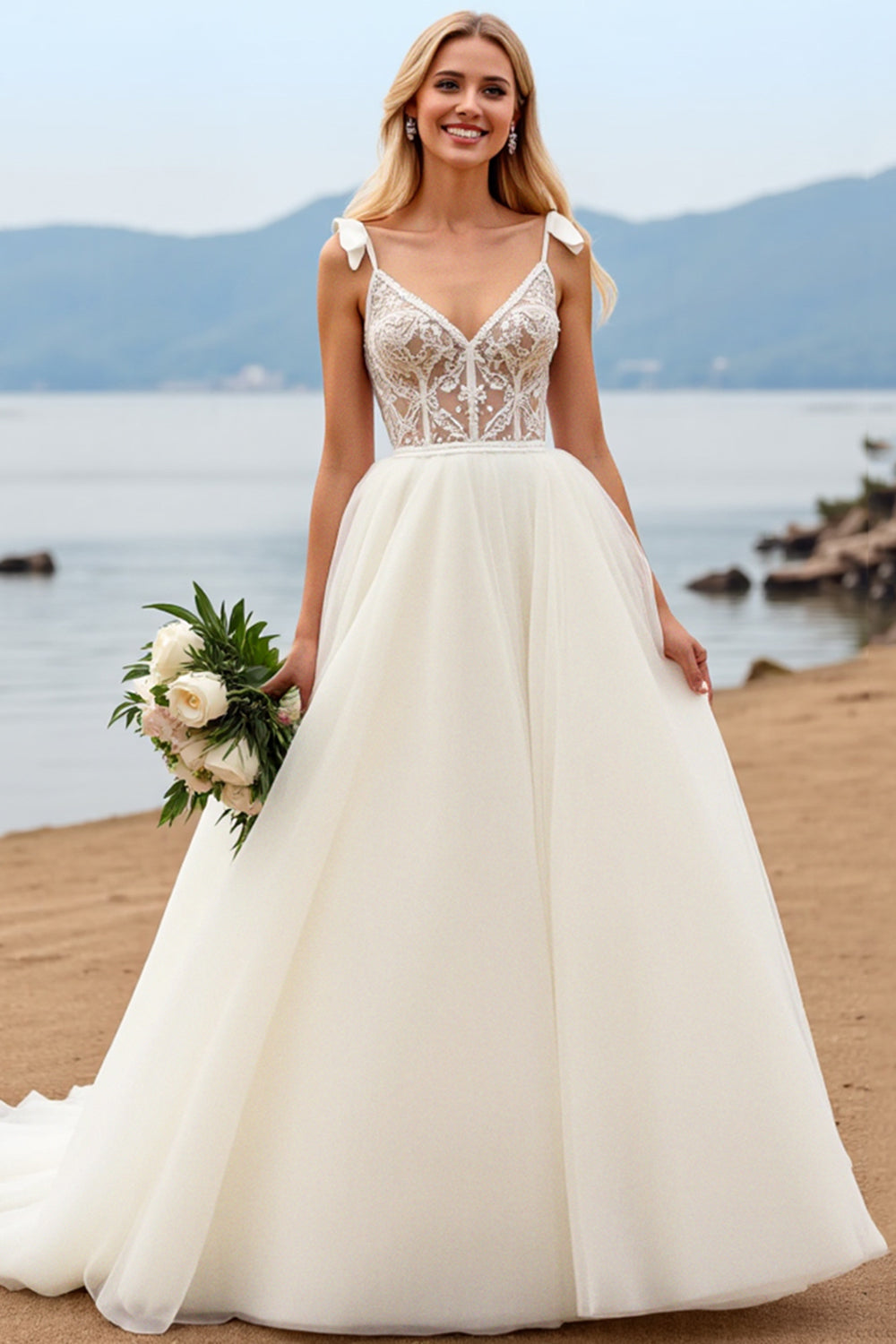 Ivory Ball Gown Sweep Train Corset V Neck Wedding Dress with Bow