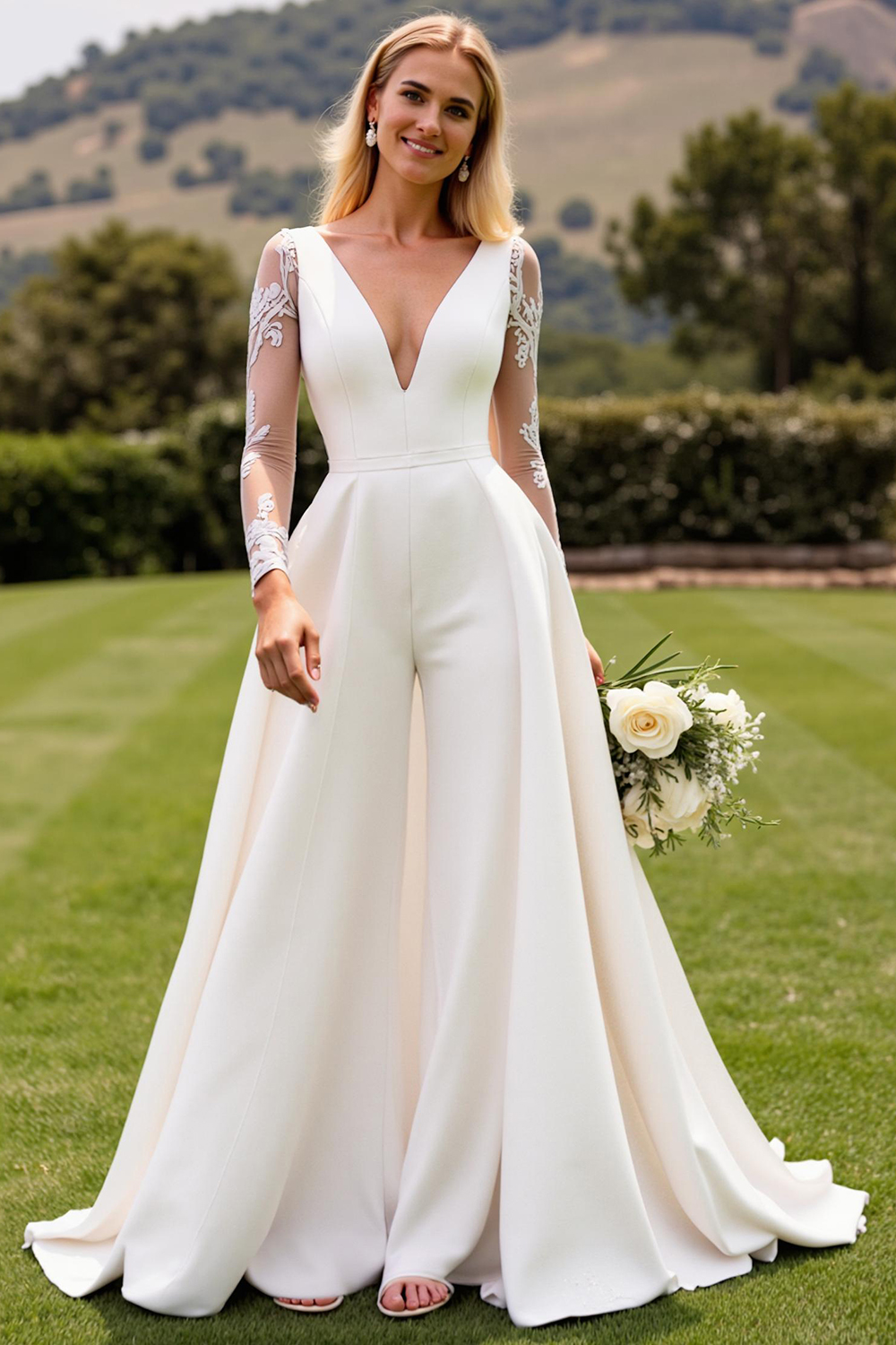 Ivory Satin Sweep Train V Neck Embroidered Wedding Jumpsuit with Cape