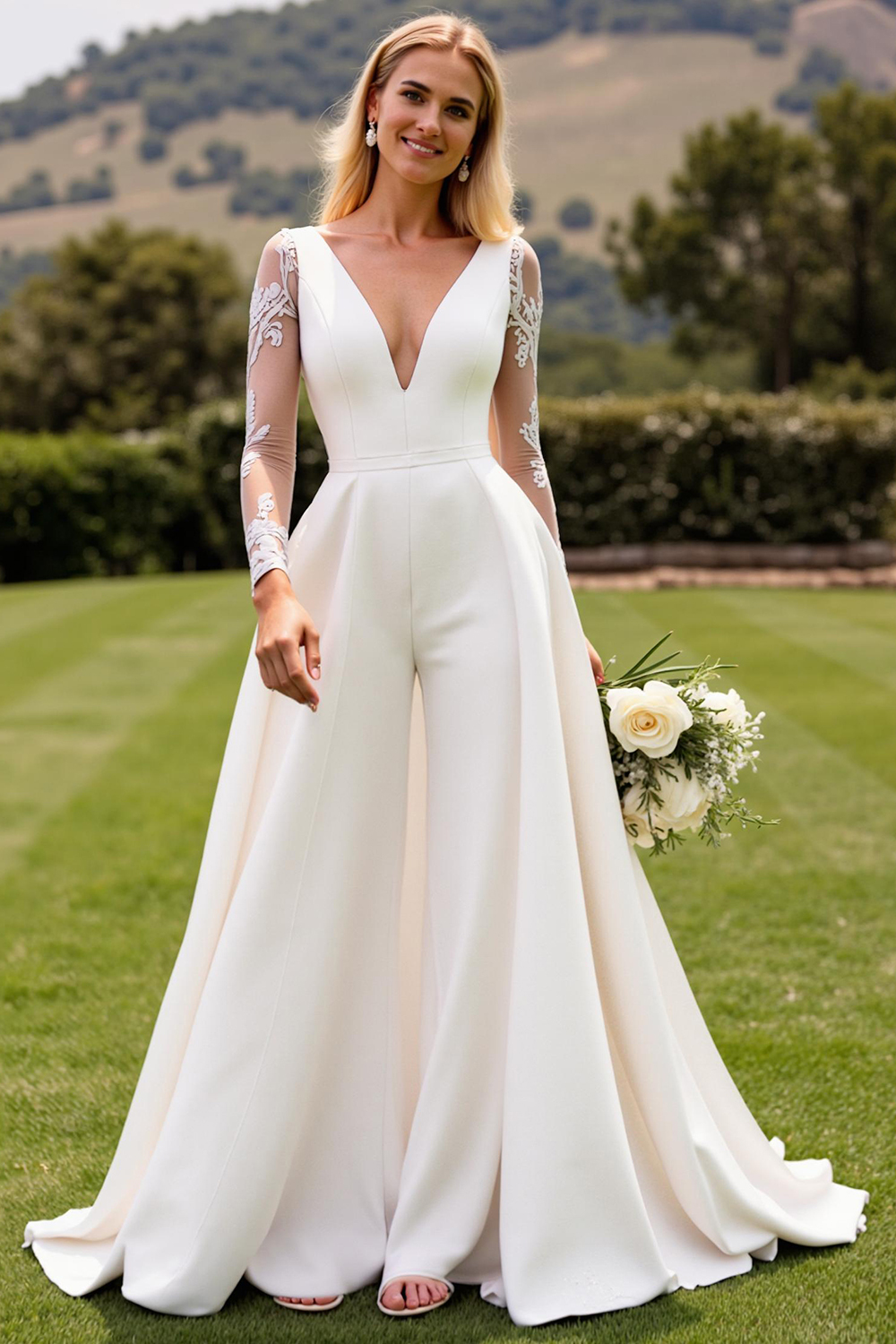 Ivory Satin Sweep Train V Neck Embroidered Wedding Jumpsuit with Cape