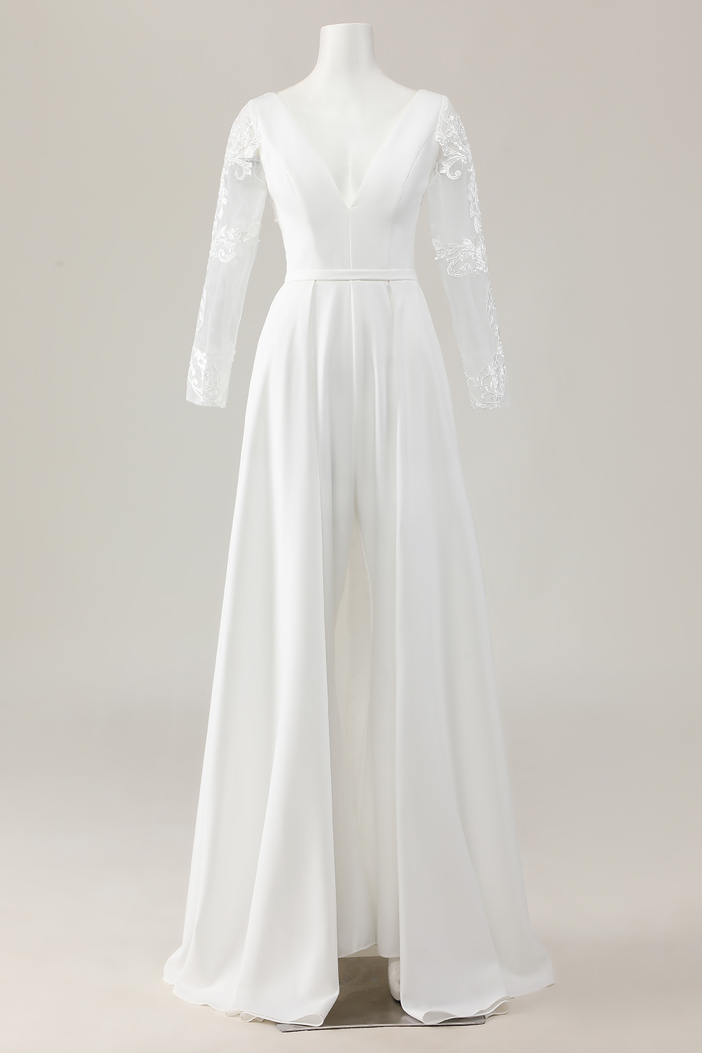 Ivory Satin Sweep Train V Neck Wedding Jumpsuit with Lace