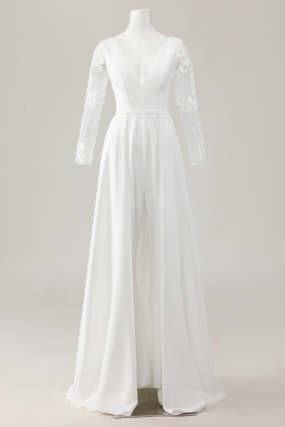 Ivory Satin Sweep Train V Neck Wedding Jumpsuit with Lace