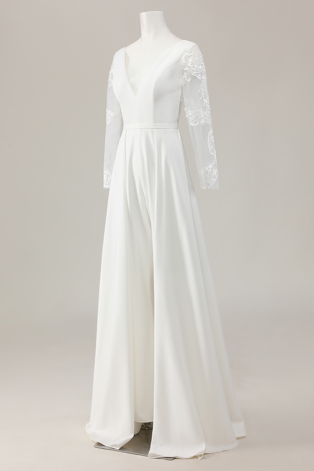 Ivory Satin Sweep Train V Neck Embroidered Wedding Jumpsuit with Cape