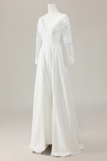 Ivory Satin Sweep Train V Neck Embroidered Wedding Jumpsuit with Cape