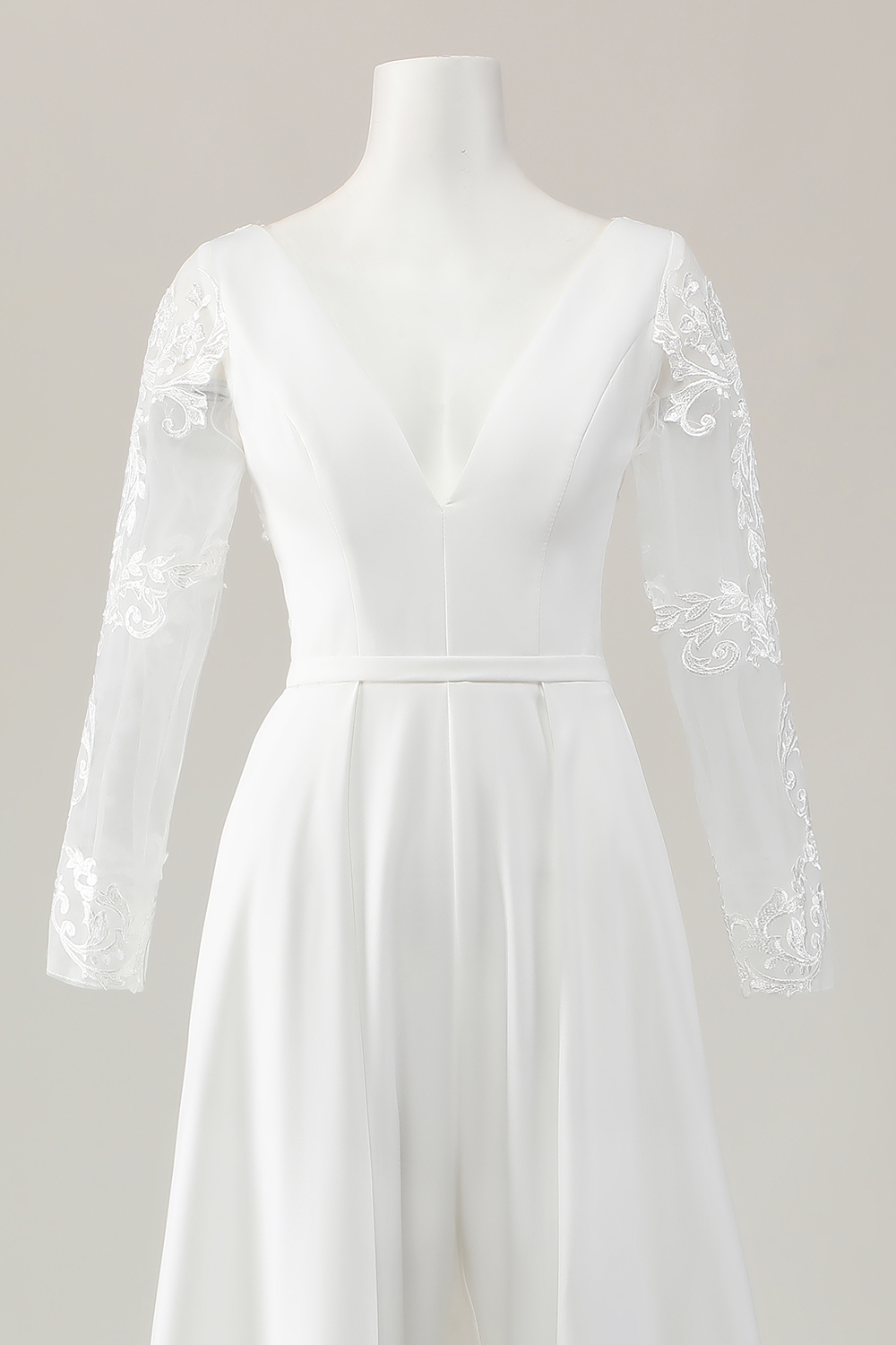 Ivory Satin Sweep Train V Neck Wedding Jumpsuit with Lace