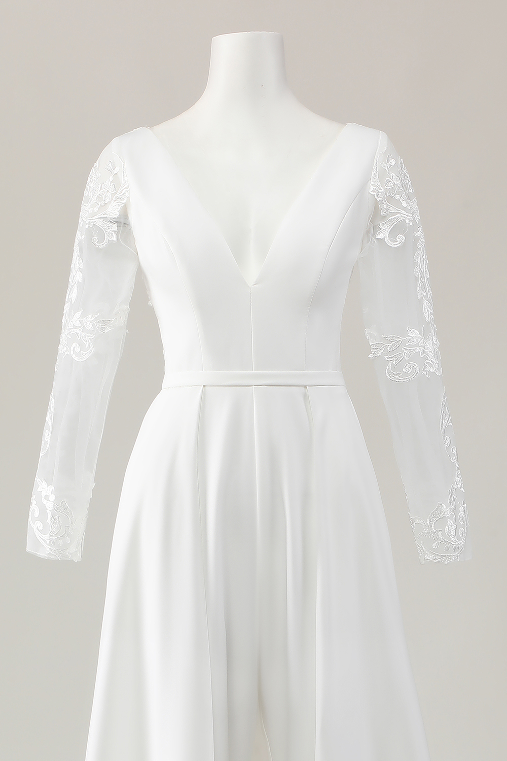 Ivory Satin Sweep Train V Neck Wedding Jumpsuit with Lace