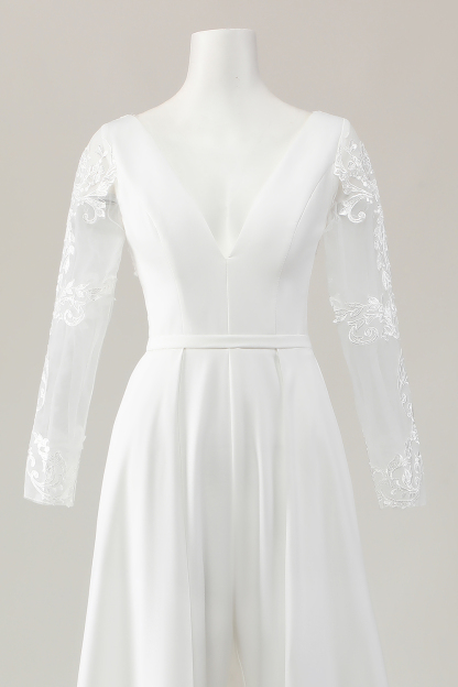Ivory Satin Sweep Train V Neck Wedding Jumpsuit with Lace
