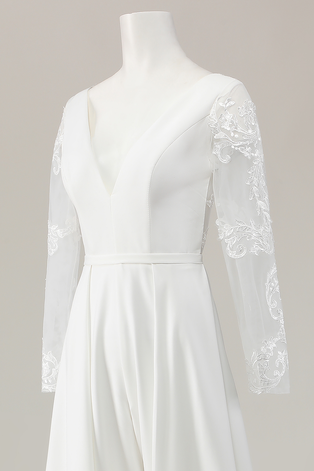 Ivory Satin Sweep Train V Neck Embroidered Wedding Jumpsuit with Cape