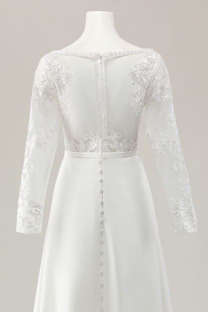 Ivory Satin Sweep Train V Neck Wedding Jumpsuit with Lace