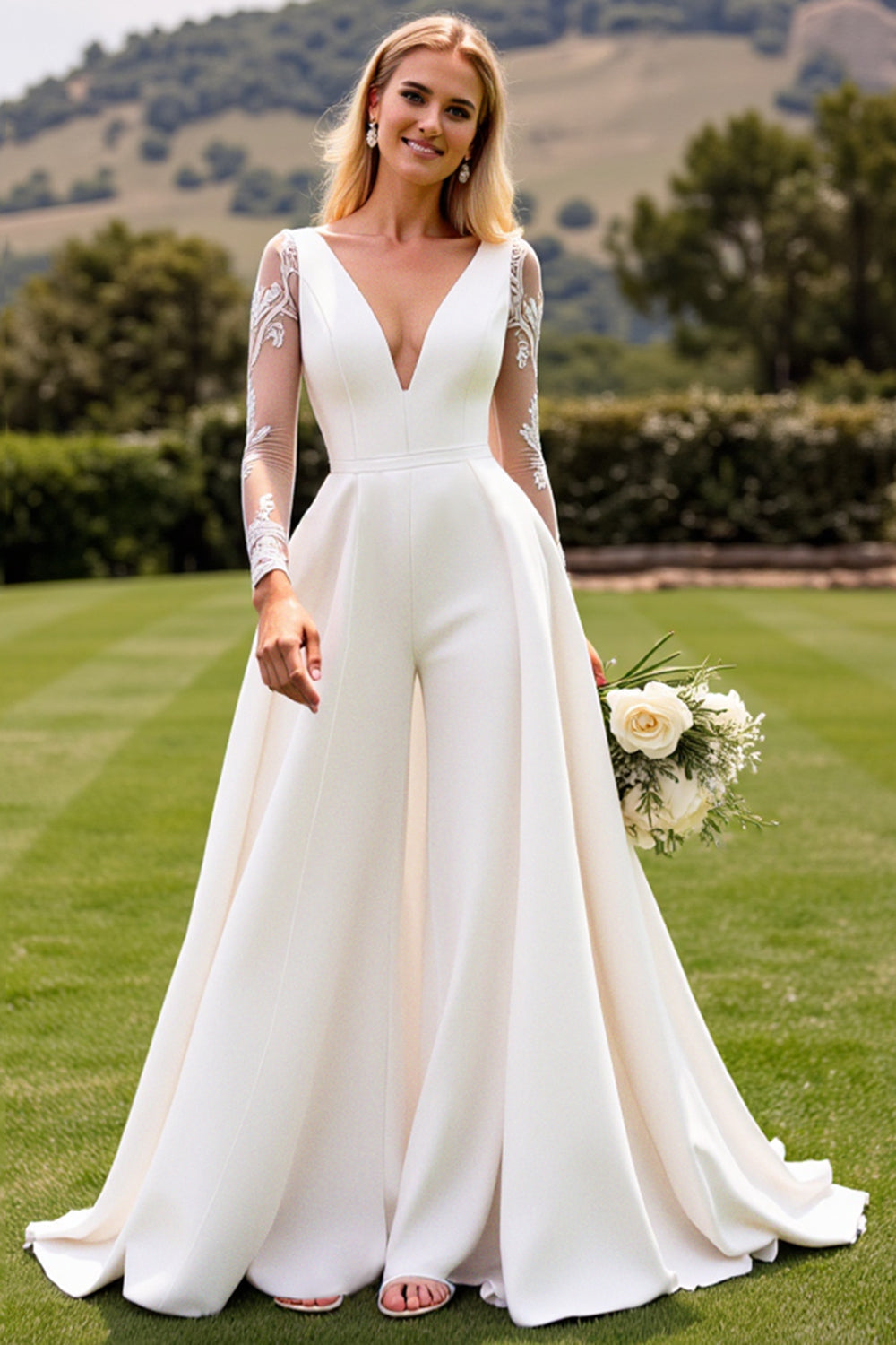 Ivory Satin Sweep Train V Neck Wedding Jumpsuit with Lace