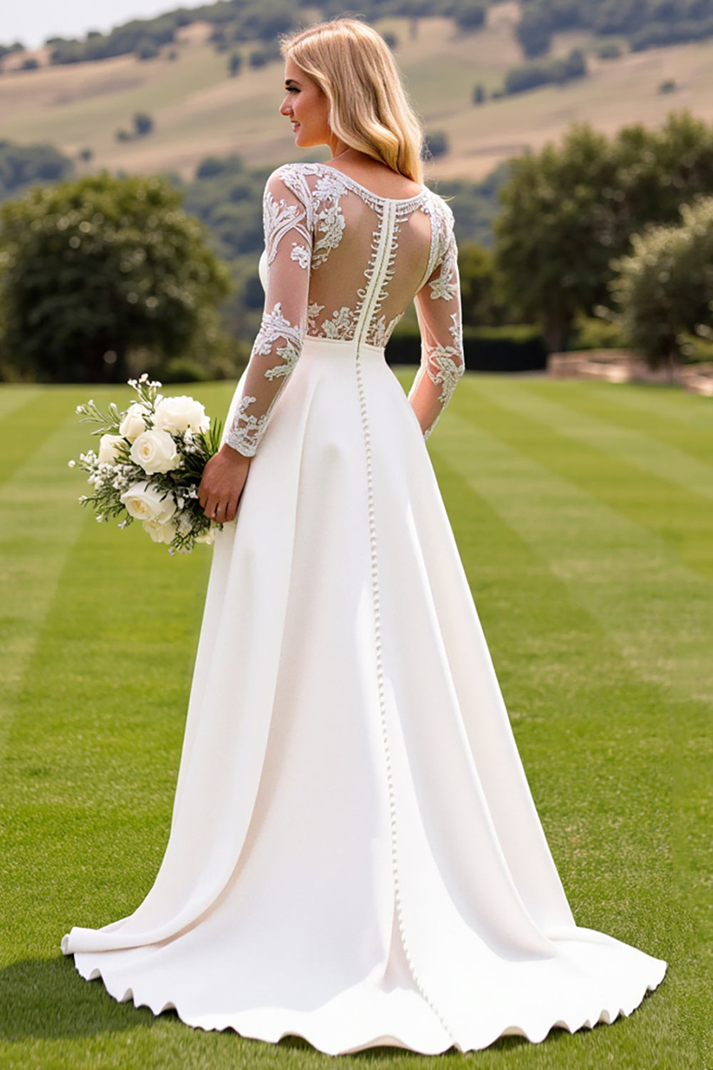 Ivory Satin Sweep Train V Neck Wedding Jumpsuit with Lace
