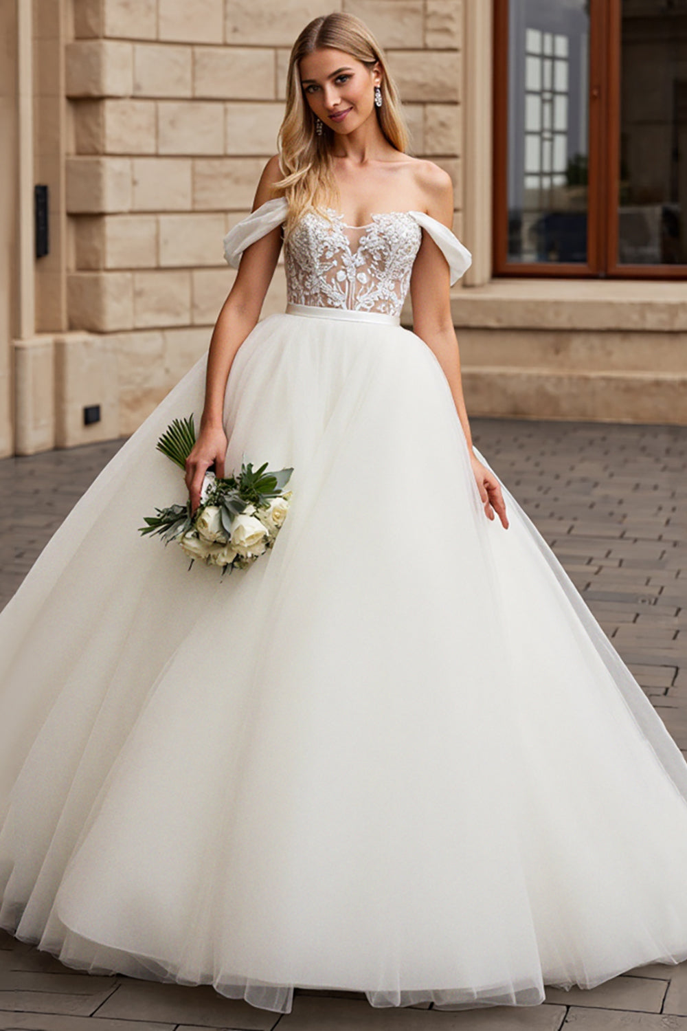 Ivory Princess Ball Gown Floor Length Off the Shoulder Wedding Dress with Lace