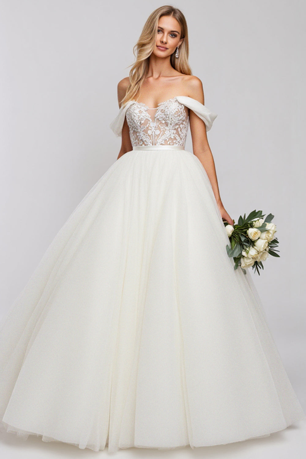 Ivory Princess Ball Gown Floor Length Off the Shoulder Wedding Dress with Lace