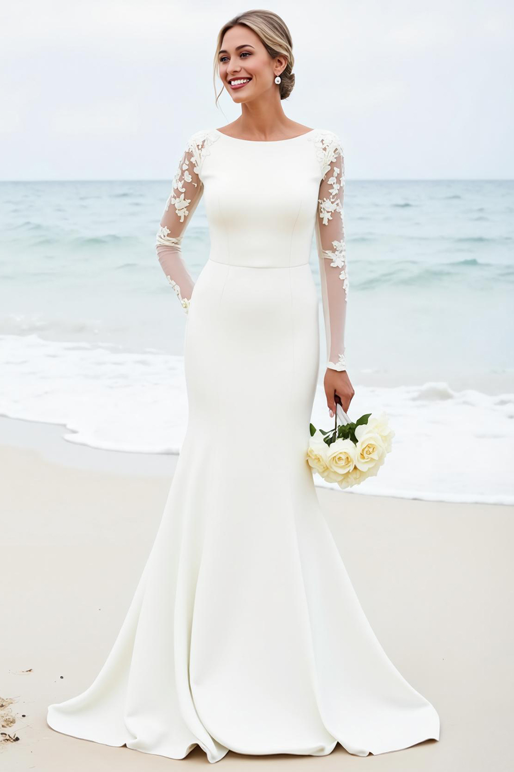 Ivory Satin Boat Neck Sweep Train Mermaid Elegant Wedding Dress