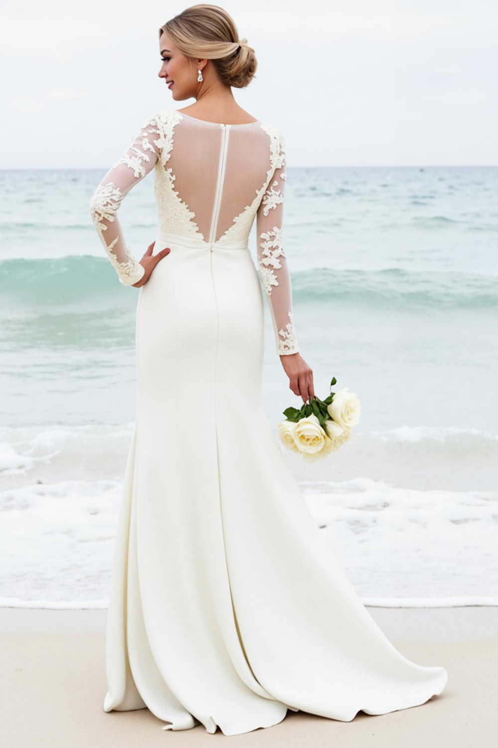 Ivory Satin Boat Neck Sweep Train Mermaid Elegant Wedding Dress