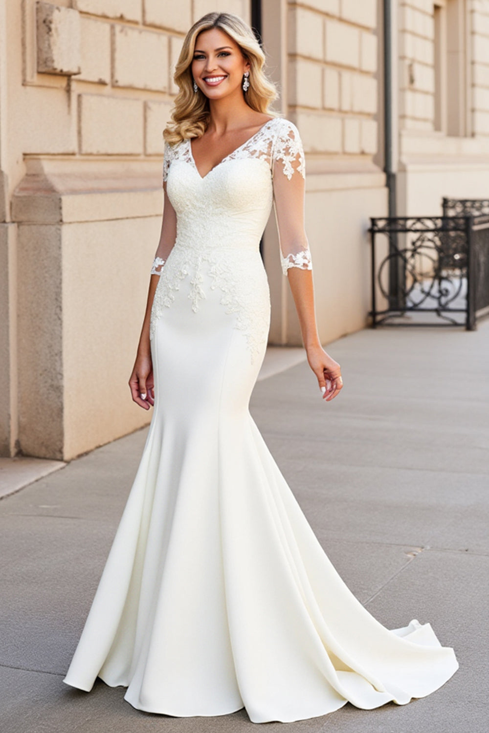 Ivory Satin Half Sleeves Sweep Train Mermaid Wedding Dress with Lace