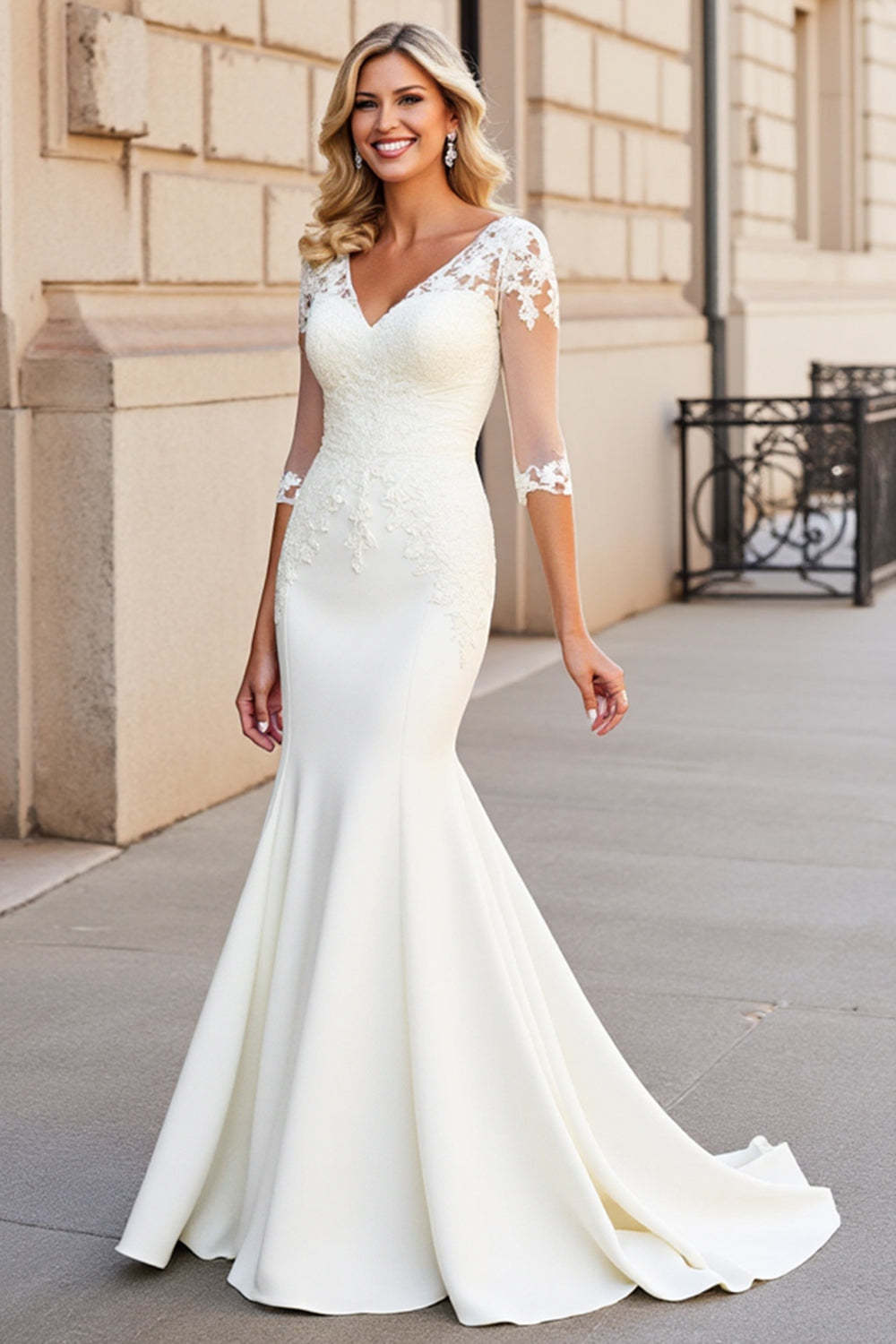 Leely Women Ivory Satin Mermaid Sweep Train Wedding Dress with Lace Applique V Neck Backless Half Sleeves Bridal Dress