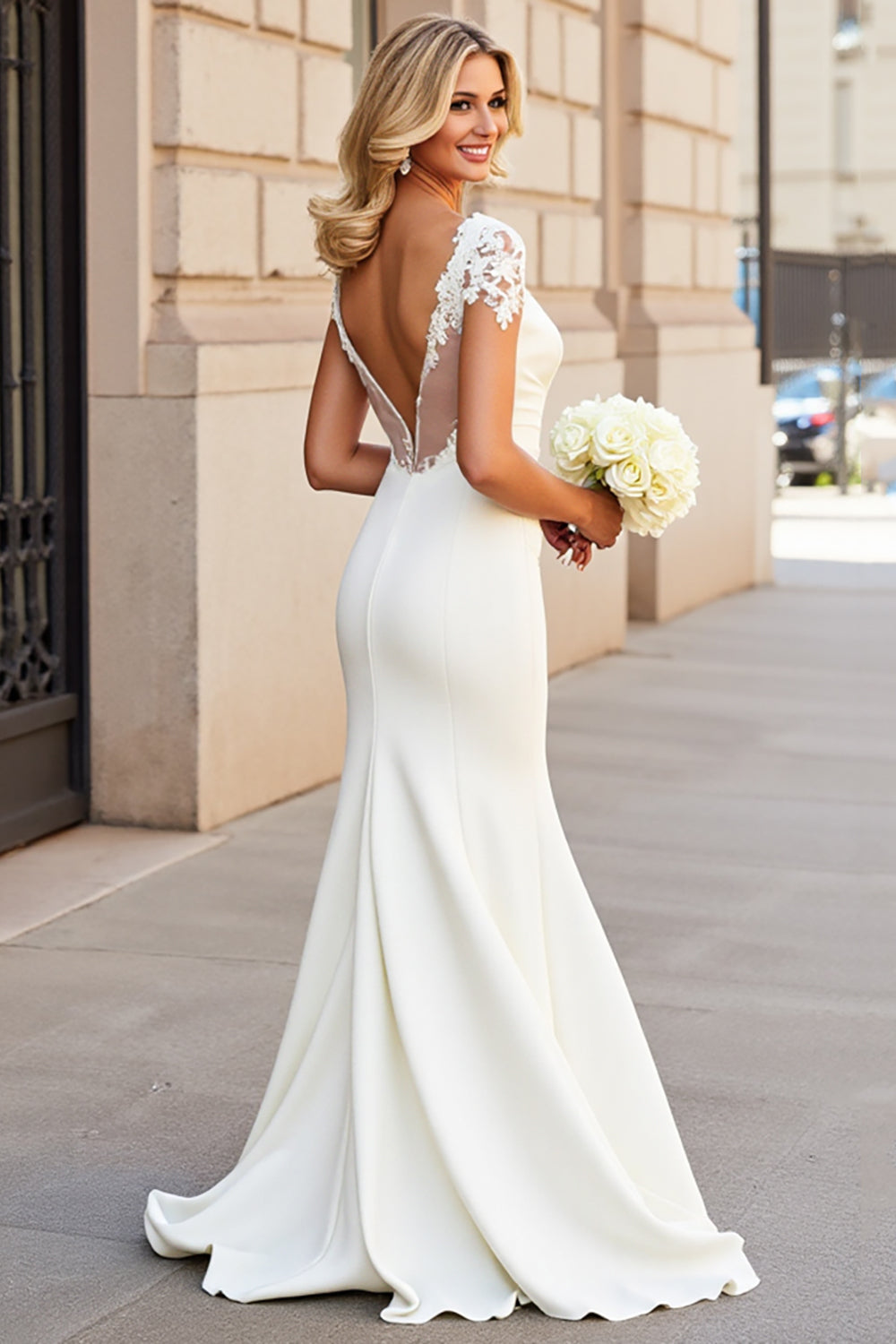Ivory Satin Half Sleeves Sweep Train Mermaid Wedding Dress with Lace
