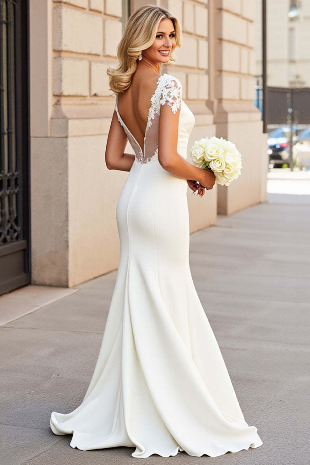Ivory Satin Half Sleeves Sweep Train Mermaid Wedding Dress with Lace