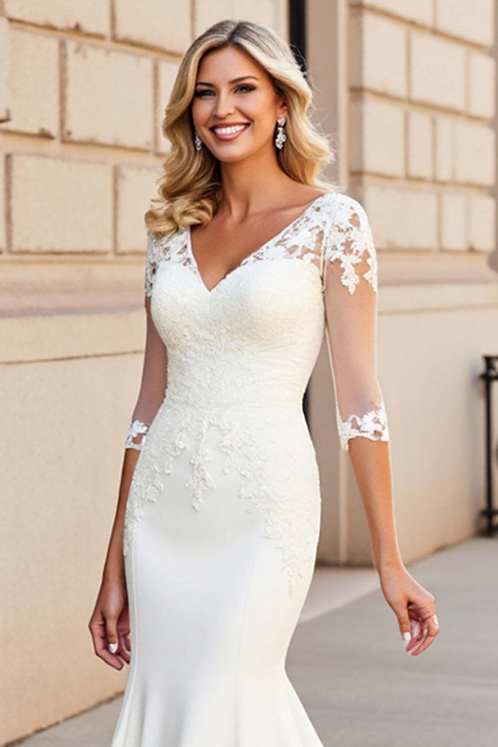 Ivory Satin Half Sleeves Sweep Train Mermaid Wedding Dress with Lace