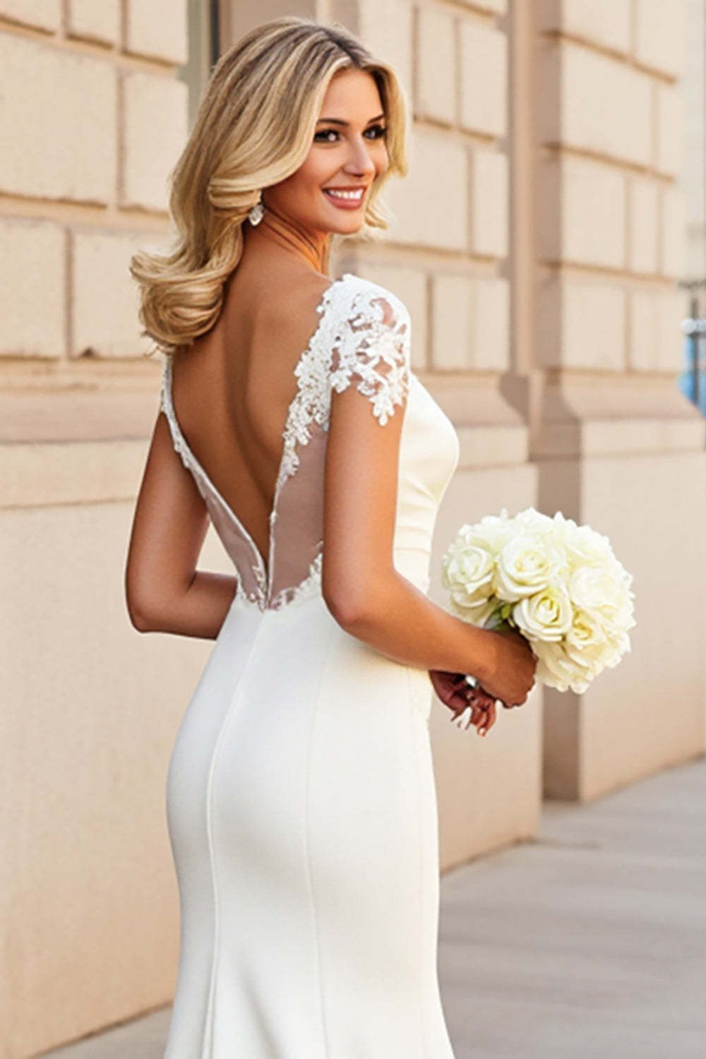 Ivory Satin Half Sleeves Sweep Train Mermaid Wedding Dress with Lace