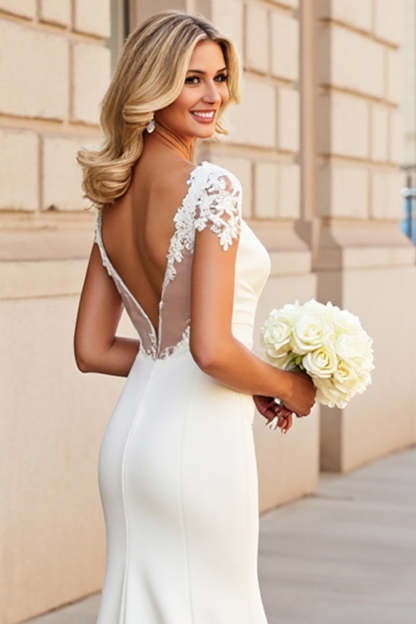 Ivory Satin Half Sleeves Sweep Train Mermaid Wedding Dress with Lace