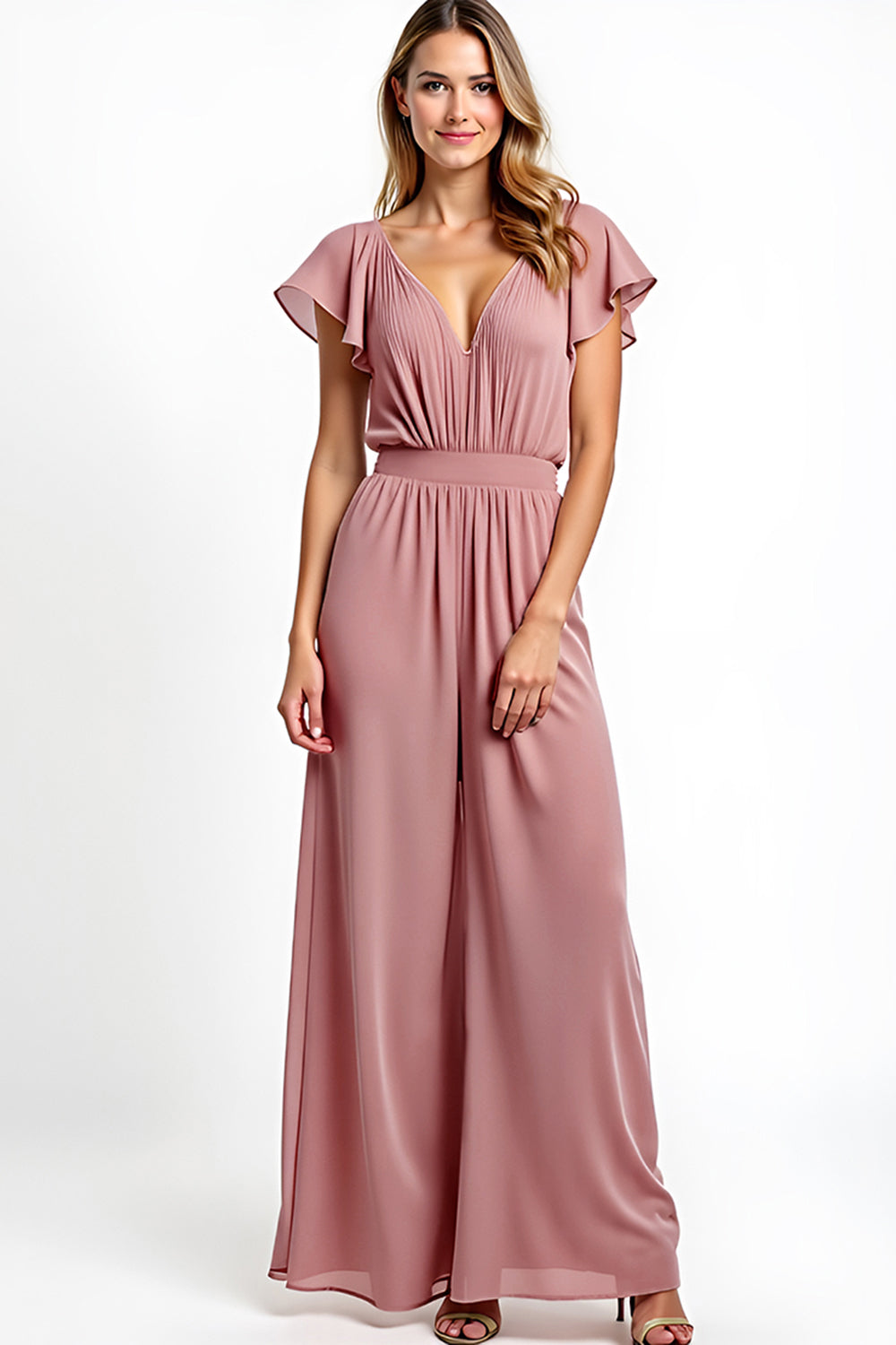 Dusty Rose A Line Long Flutter Sleeves Bridesmaid Jumpsuit
