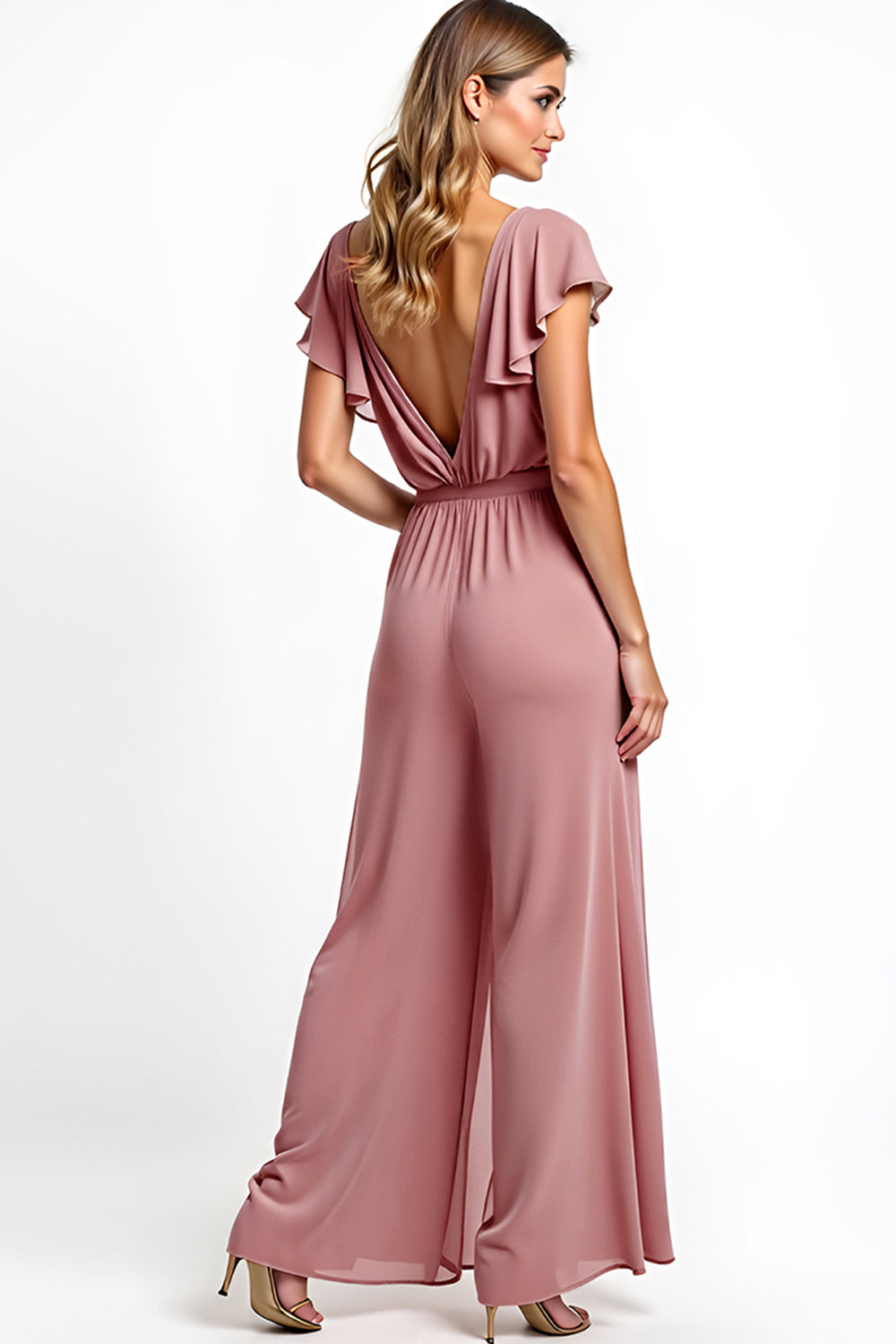 Dusty Rose A Line Long Flutter Sleeves Bridesmaid Jumpsuit