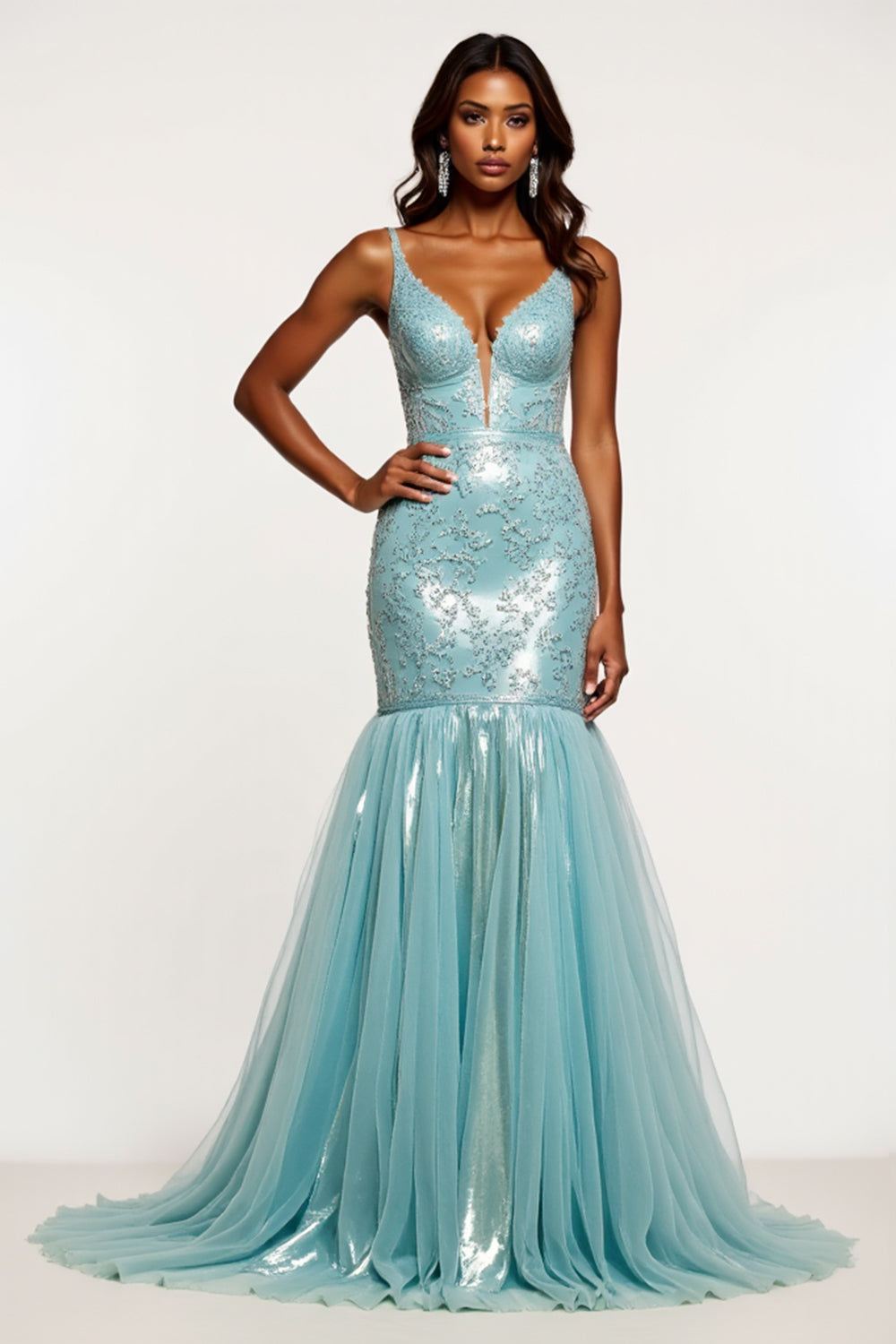 Sparkly Light Blue Mermaid V-Neck Appliqued Long Prom Dress