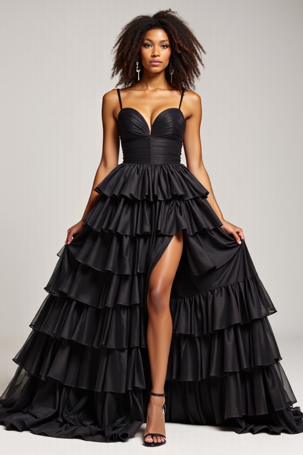 Black Ball Gown Spaghetti Straps Long Tiered Prom Dress With Slit