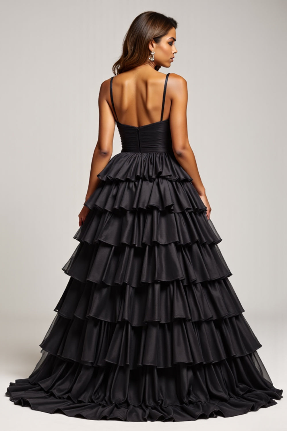 Black Ball Gown Spaghetti Straps Long Tiered Prom Dress With Slit