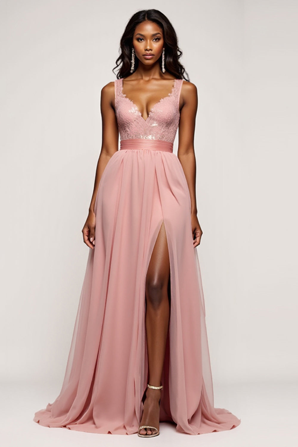 A Line V-Neck Dusty Rose Long Prom Dress with Slit