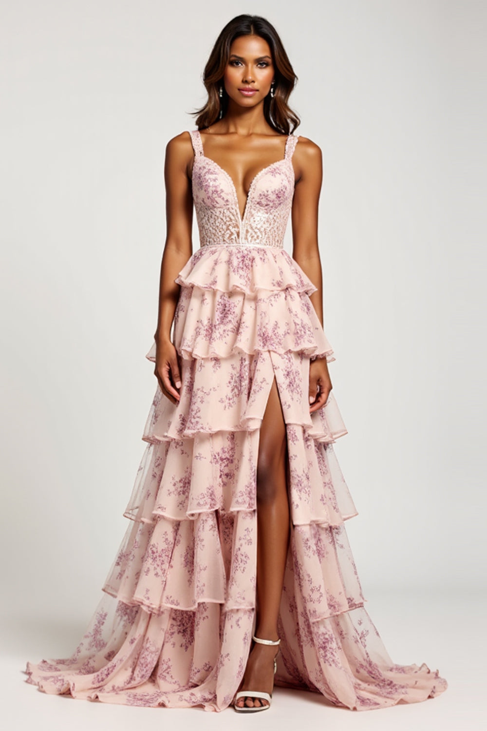 Blush Flower A Line Chiffon V-Neck Long Floral Prom Dress with Slit