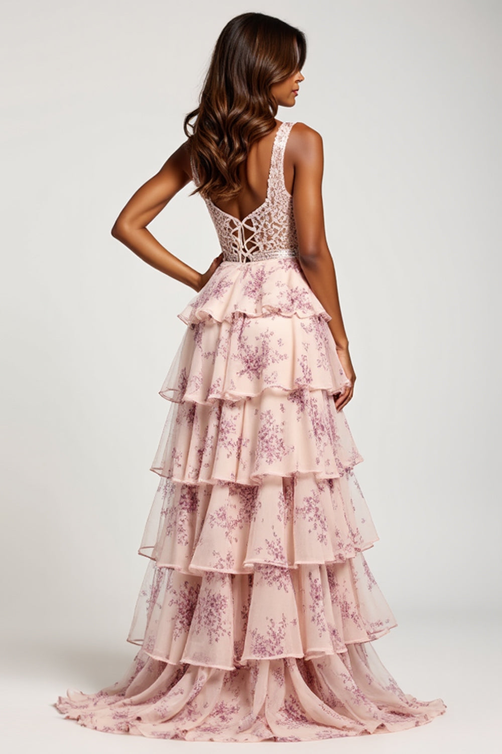 Blush Flower A Line Chiffon V-Neck Long Floral Prom Dress with Slit