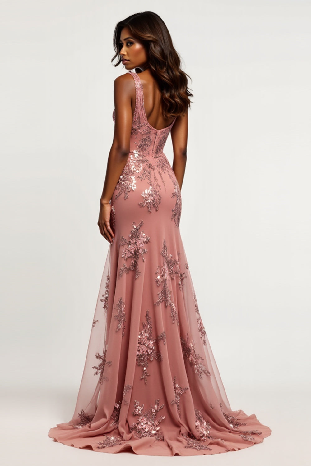 Dusty Rose Sheath V-Neck Sequined Maxi Prom Dress with Slit