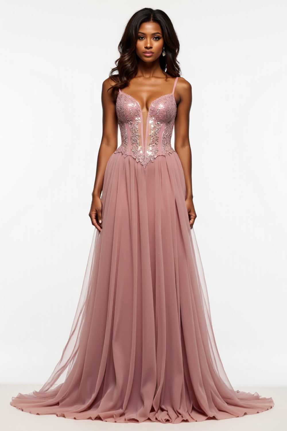 Corset Dusty Rose Tulle A Line Prom Dress with Slit