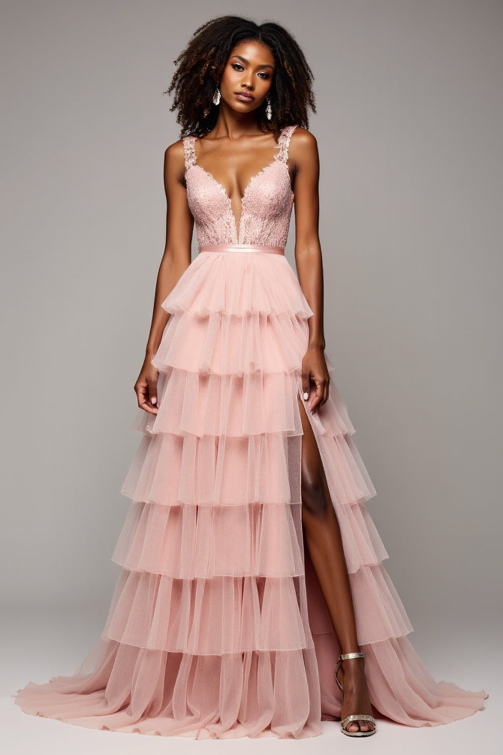 Blush Pink A Line Tulle Tiered V-Neck Maxi Prom Dress with Slit