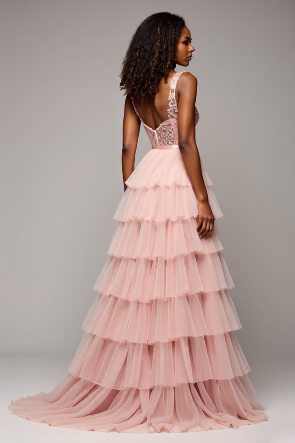 Blush Pink A Line Tulle Tiered V-Neck Maxi Prom Dress with Slit