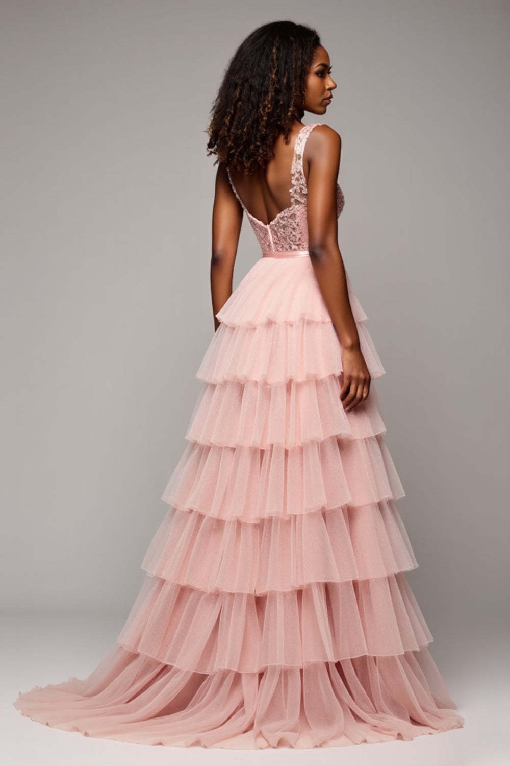 Blush Pink A Line Tulle Tiered V-Neck Maxi Prom Dress with Slit