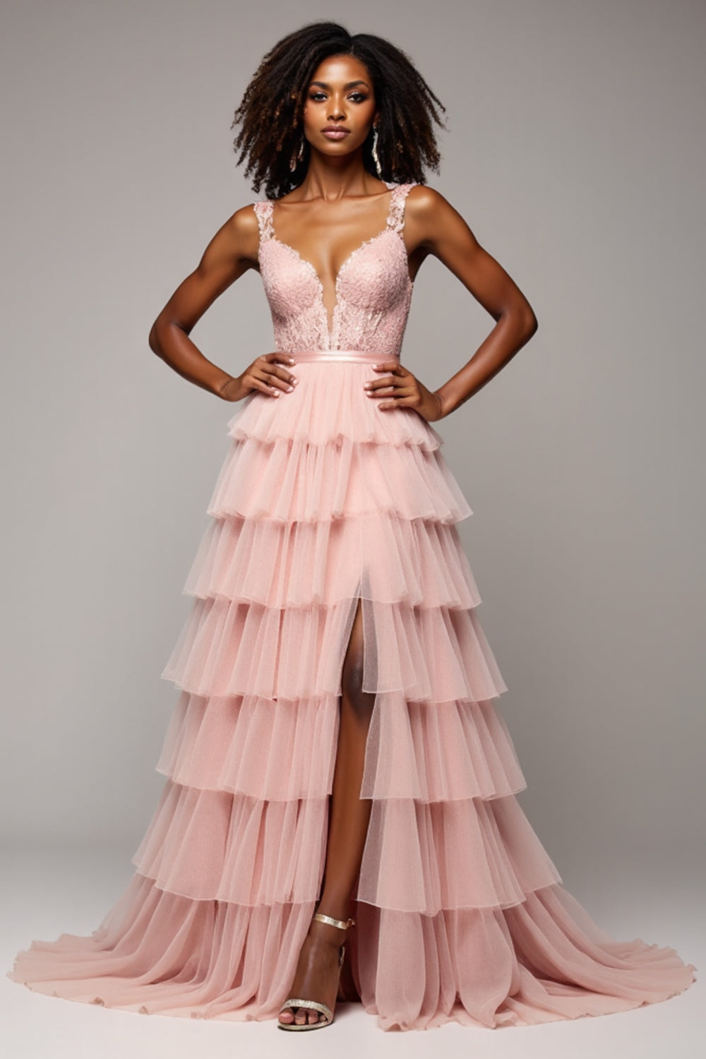 Blush Pink A Line Tulle Tiered V-Neck Maxi Prom Dress with Slit
