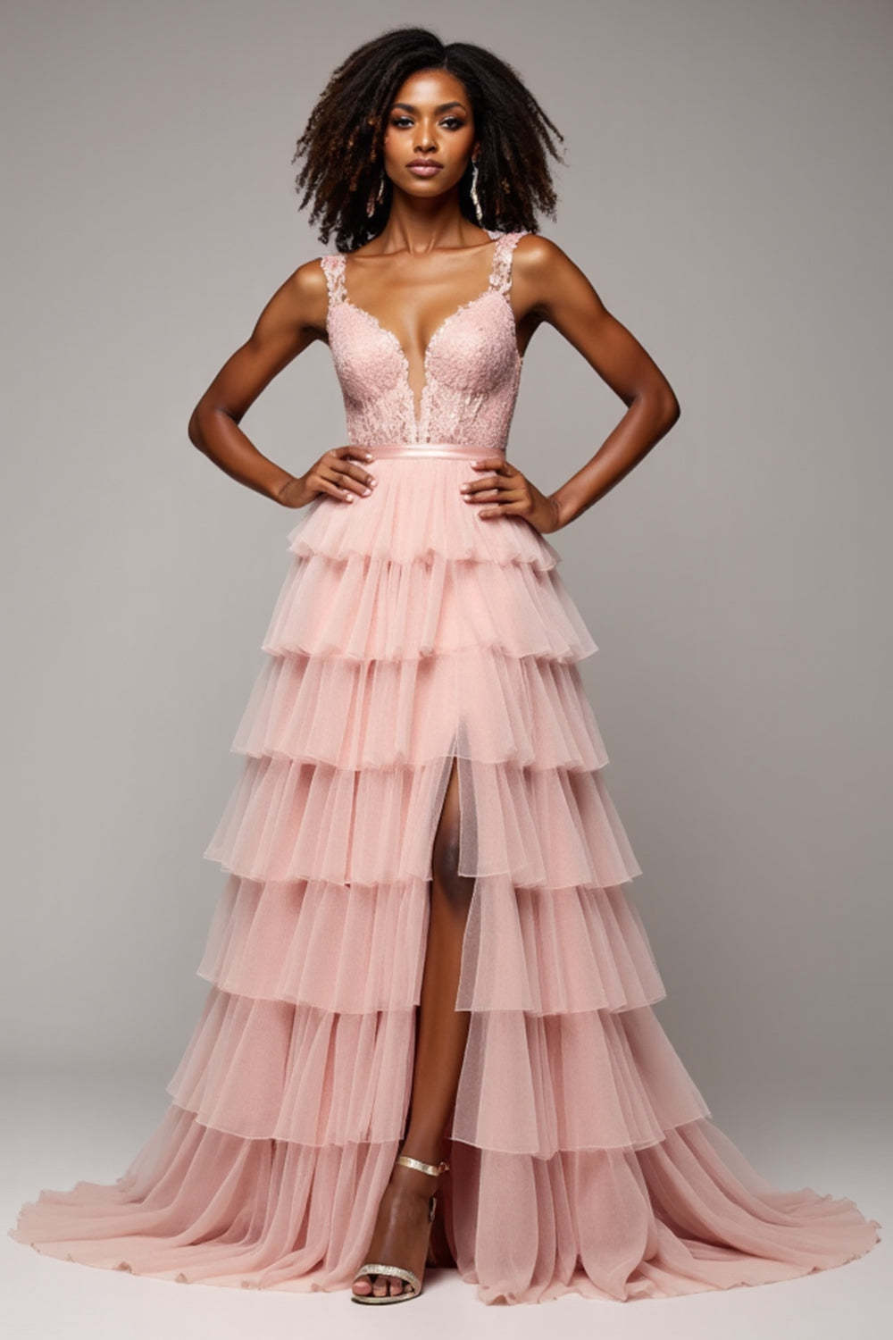 Blush Pink A Line Tulle Tiered V-Neck Maxi Prom Dress with Slit