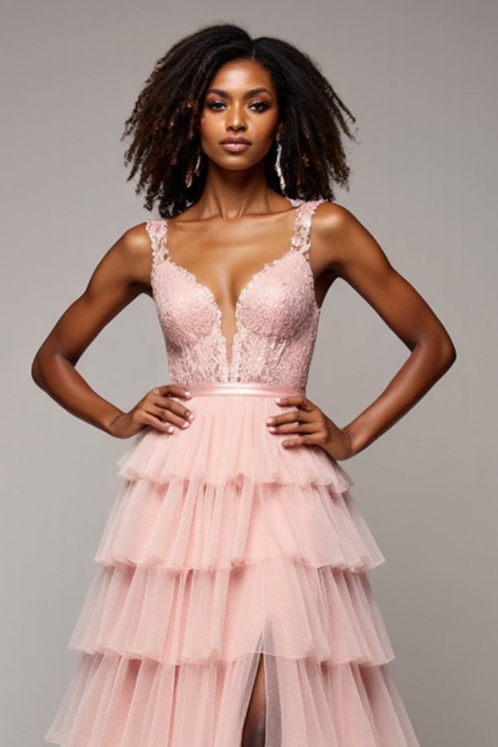 Blush Pink A Line Tulle Tiered V-Neck Maxi Prom Dress with Slit