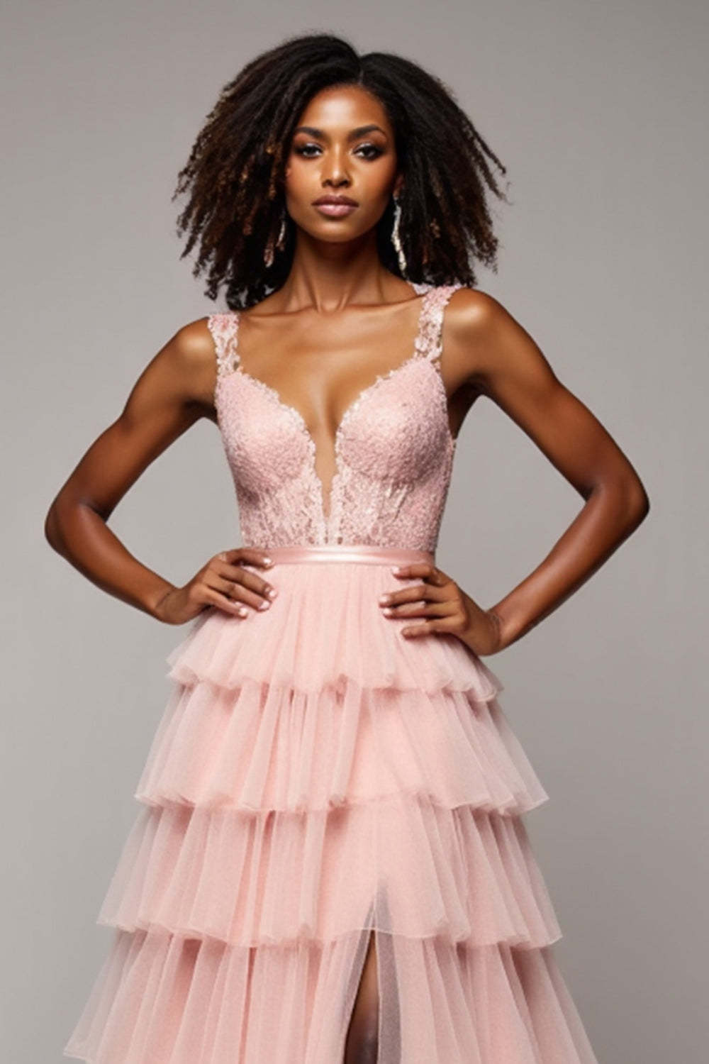 Blush Pink A Line Tulle Tiered V-Neck Maxi Prom Dress with Slit