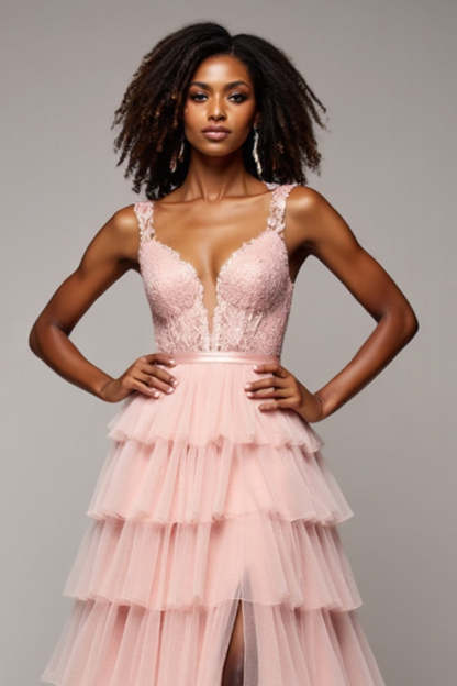 Blush Pink A Line Tulle Tiered V-Neck Maxi Prom Dress with Slit
