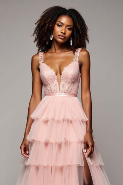 Blush Pink A Line Tulle Tiered V-Neck Maxi Prom Dress with Slit