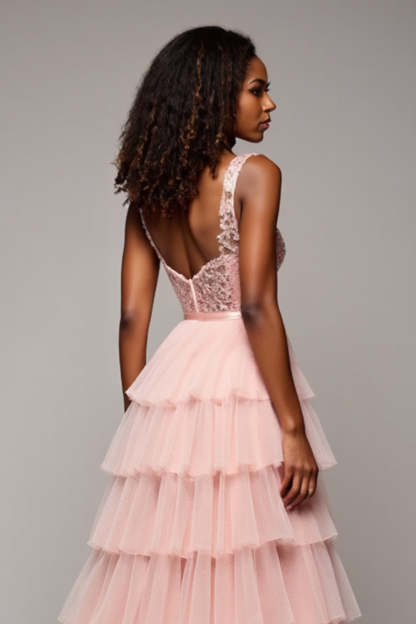 Blush Pink A Line Tulle Tiered V-Neck Maxi Prom Dress with Slit