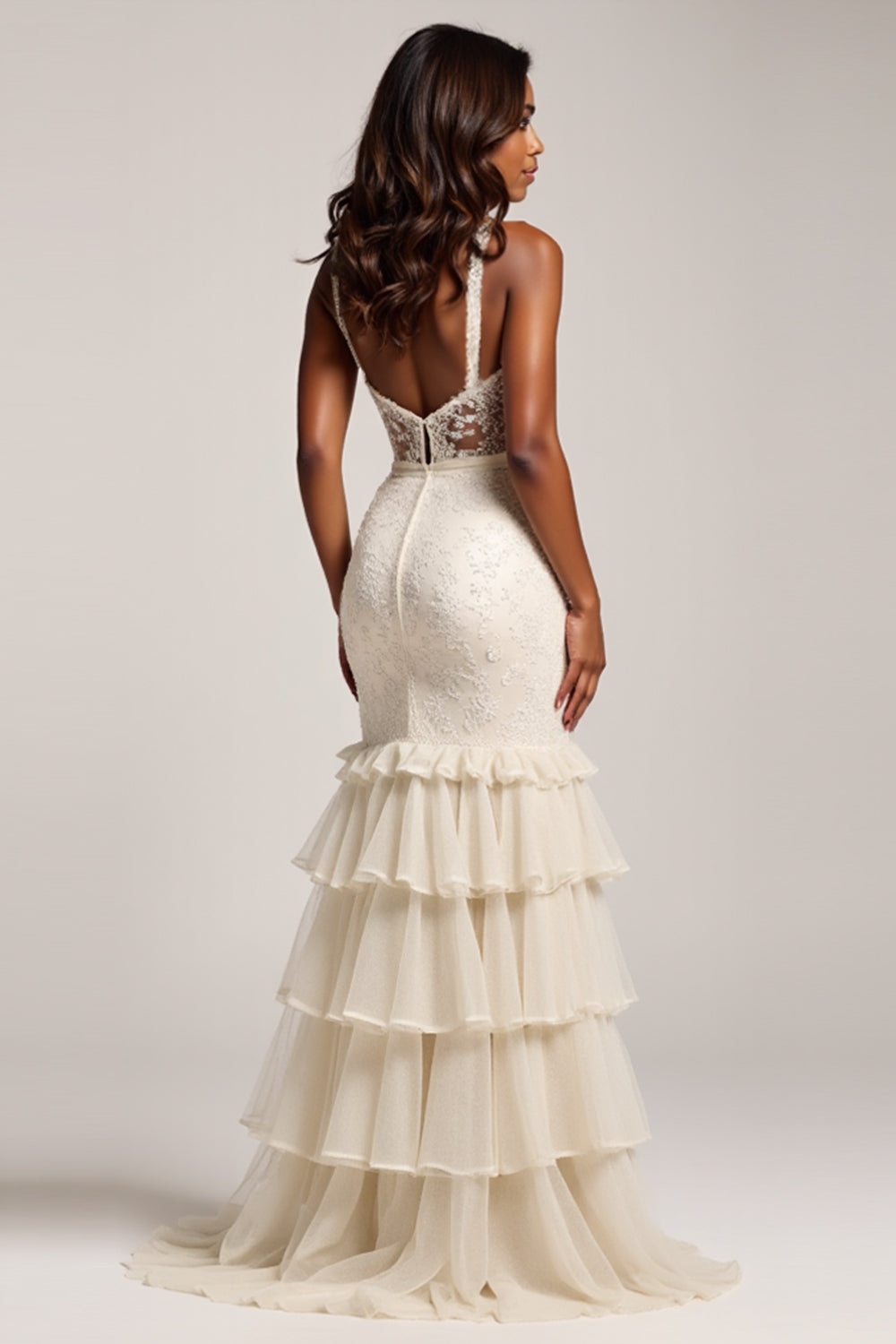 Light Champagne Mermaid V-Neck Tiered Long Prom Dress with Slit
