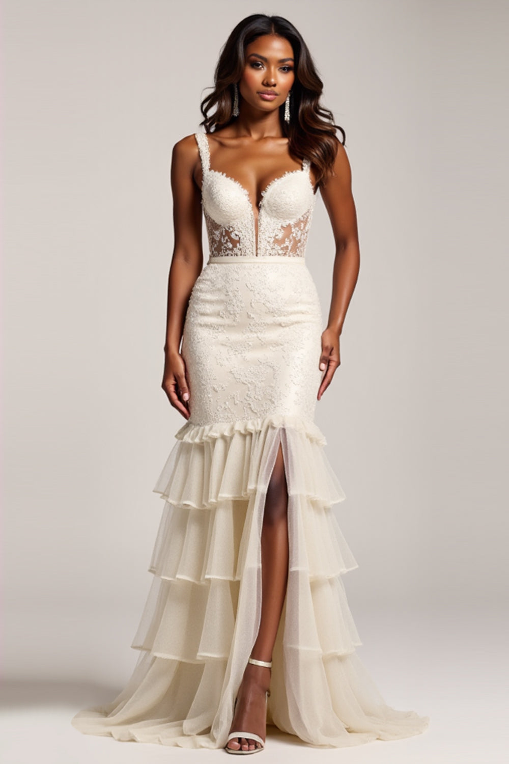 Light Champagne Mermaid V-Neck Tiered Long Prom Dress with Slit