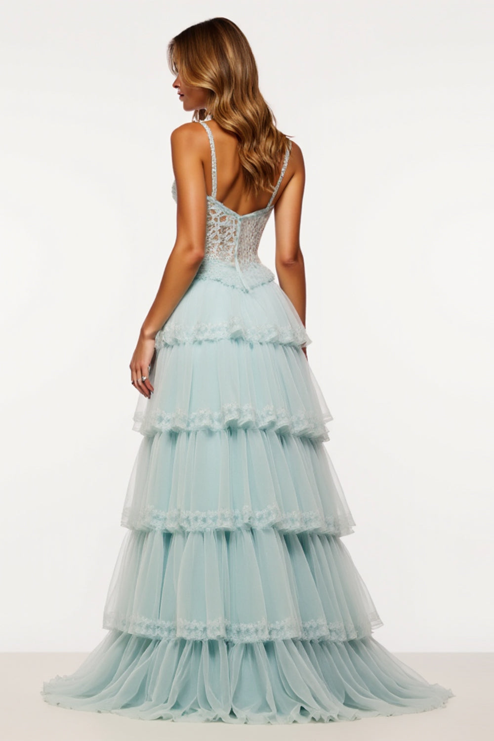 A Line Light Blue Tiered Tulle Long Corset Prom Dress with Slit